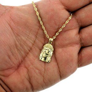 10K Real Gold Rope Chain and Jesus Face Head Pendant Set